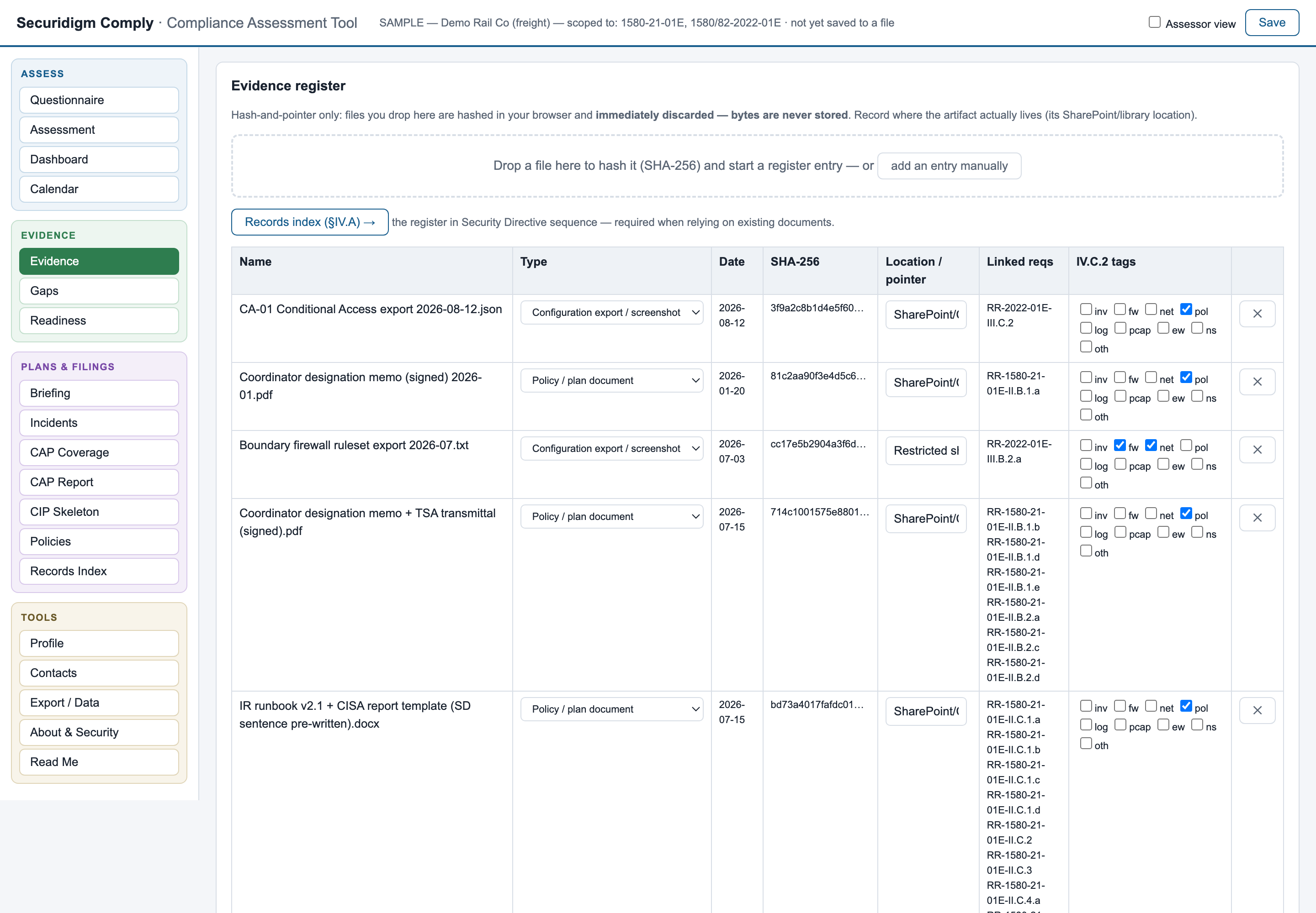 Evidence register with hashes and pointers