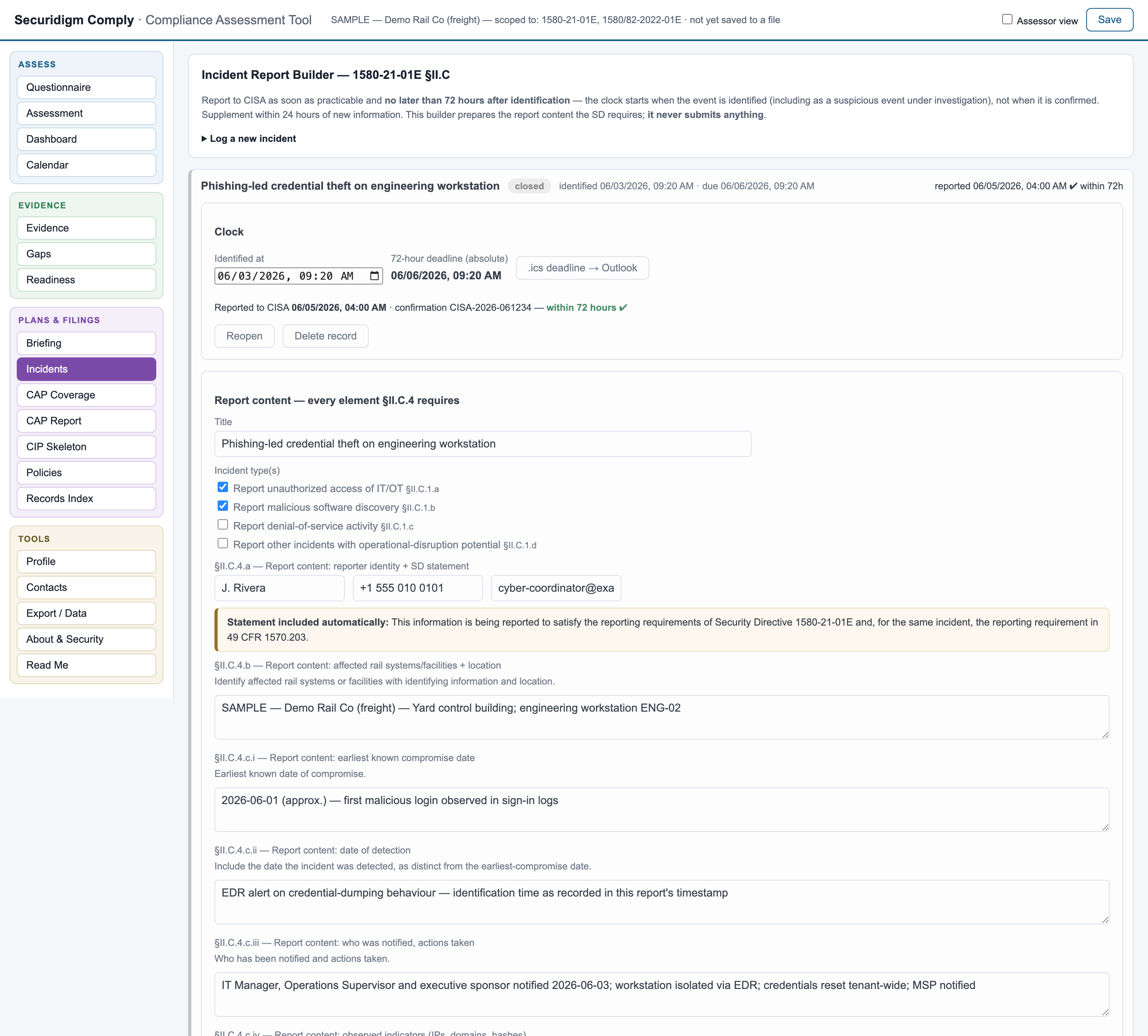 Incident report builder with the 72-hour clock