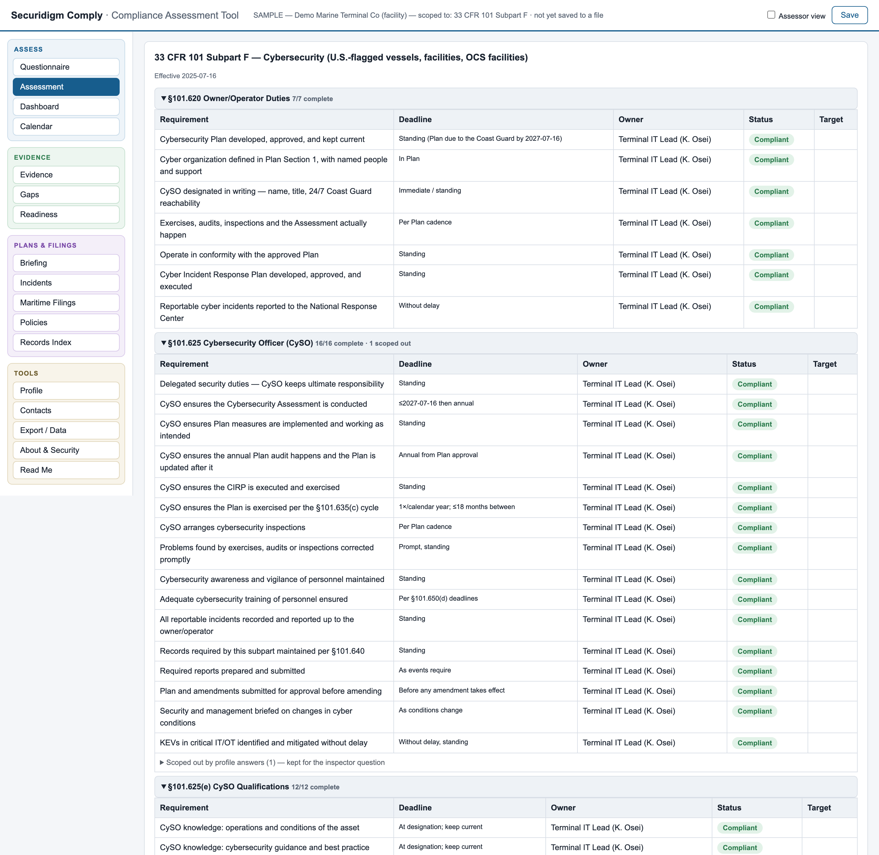 Maritime edition — 33 CFR 101 Subpart F assessment grid