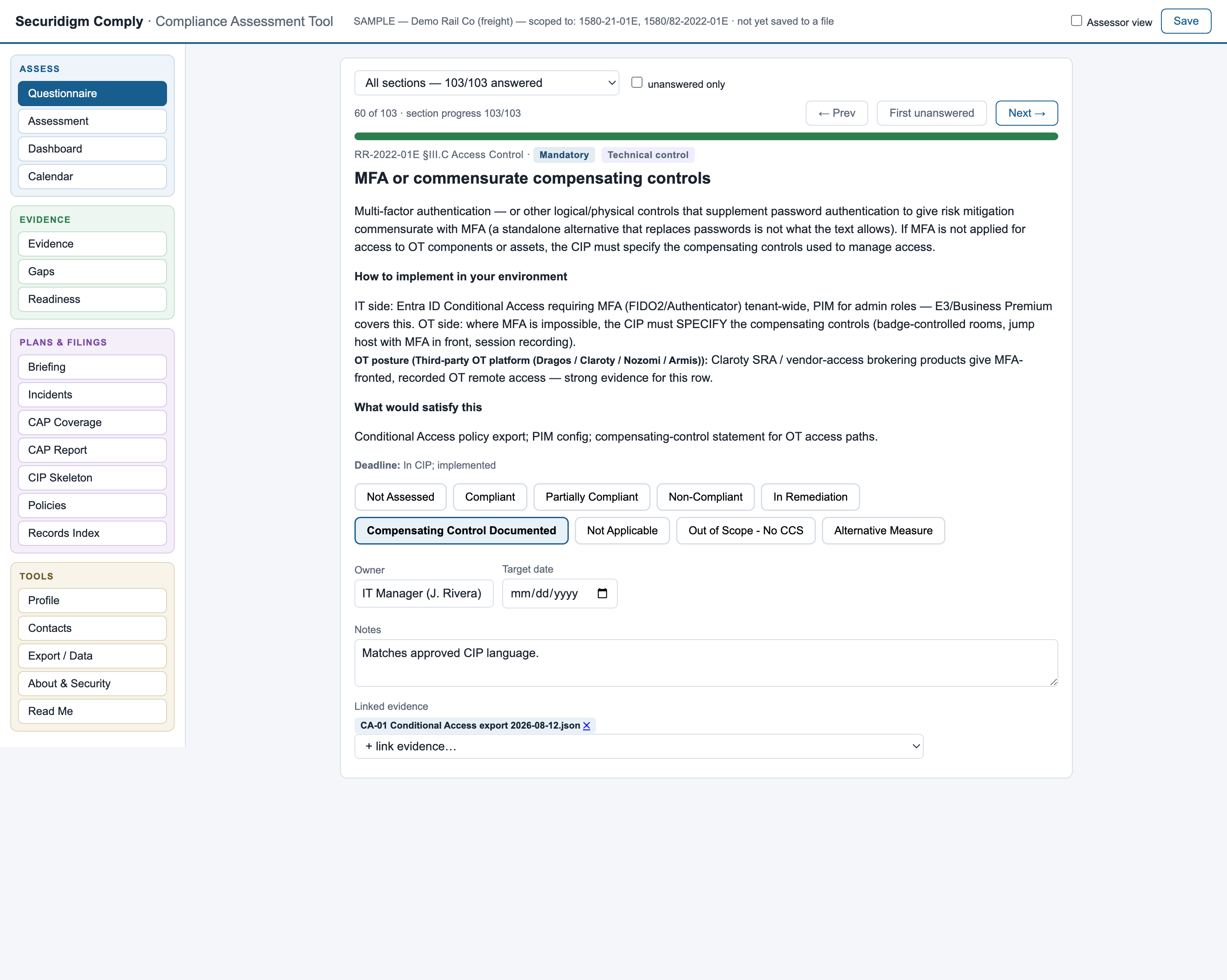 Questionnaire, answered with evidence